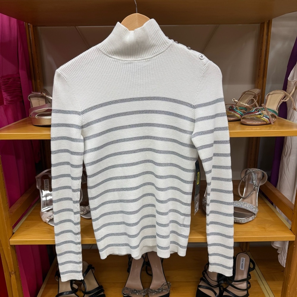 Ralph Lauren Turtleneck Ribbed Sweater Metallic Silver and Cream M (New)